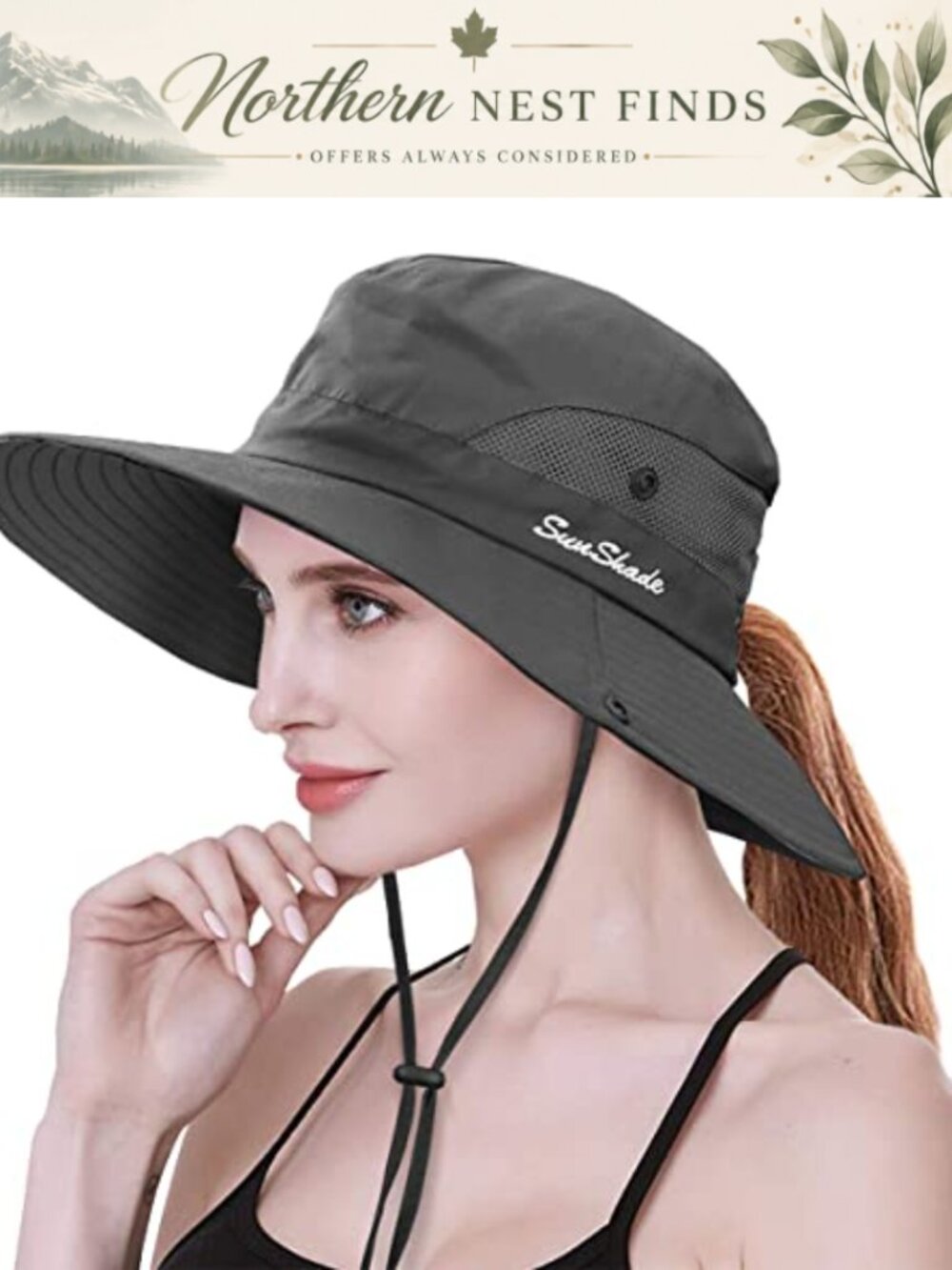 Womens Wide Brim Sun Hat Ponytail UV Protection Beach Fishing Hiking